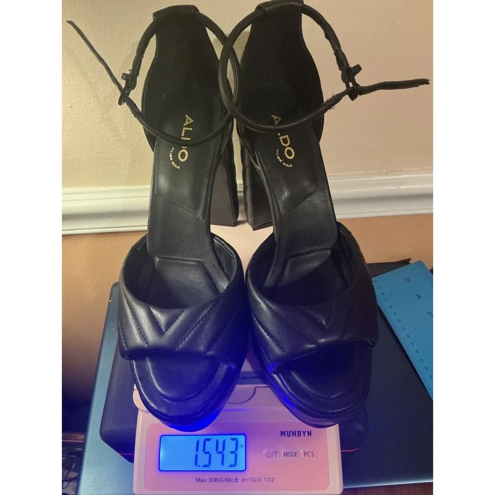 ALDO Black Quilted Platform Wedge Heels Ankle‎ Strap Sandals Women's Size 8.5